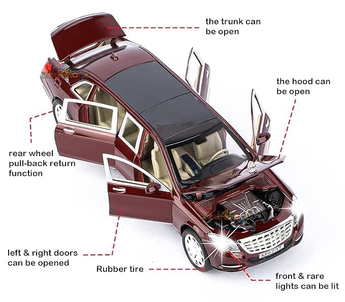 Scale 1:24 M Maybach S600 - Maroon Alloy Diecast Pullback Metal Car Toy with Sound Light & Opening Doors - Great Gift Toy for Kids