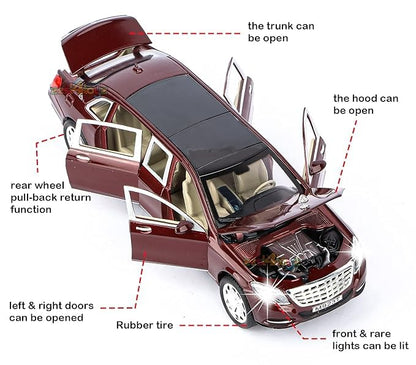 Scale 1:24 M Maybach S600 - Maroon Alloy Diecast Pullback Metal Car Toy with Sound Light & Opening Doors - Great Gift Toy for Kids