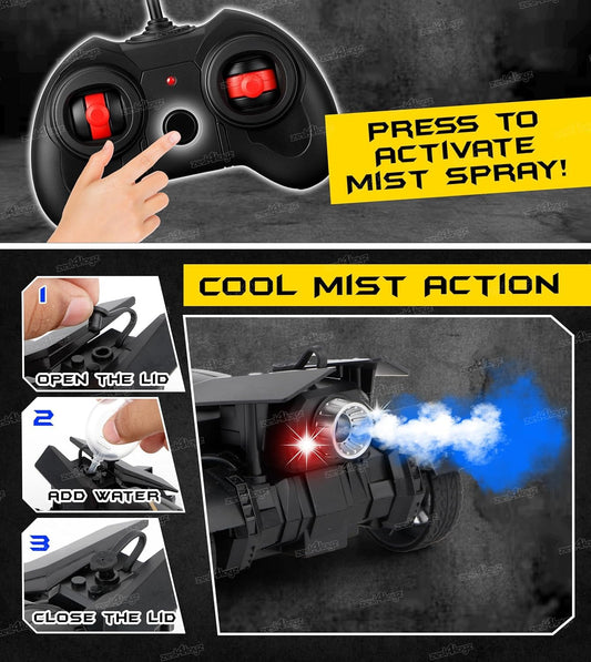 RC BatMobile with Mist & Lights – Rechargeable Car with Mini Figure (Black)