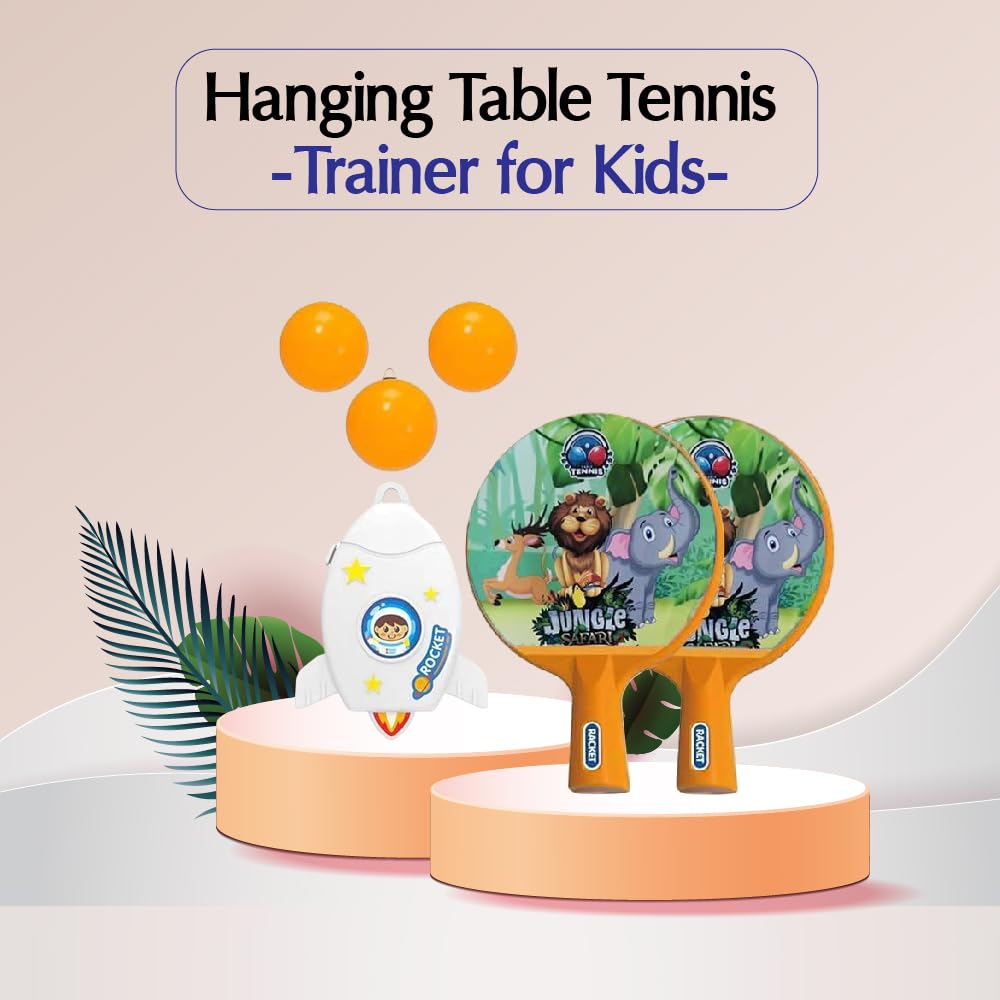 Ping Pong Hanging Table Tennis Self Trainer Indoor & Outdoor Gaming Set with 2 Hanging Balls,2 Rackets &1 Electric Shaft Suitable for All Age Group (Jungle Safari)