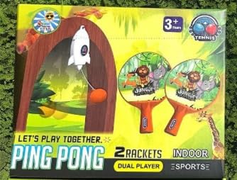 Ping Pong Hanging Table Tennis Self Trainer Indoor & Outdoor Gaming Set with 2 Hanging Balls,2 Rackets &1 Electric Shaft Suitable for All Age Group (Jungle Safari)