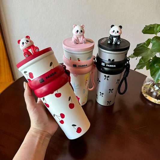 Panda Water Bottle (700ML)| Leakproof Cute Cherry Design, Portable & Reusable Water Bottle for School, Travel, and Office (Red)