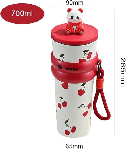 Panda Water Bottle (700ML)| Leakproof Cute Cherry Design, Portable & Reusable Water Bottle for School, Travel, and Office (Red)