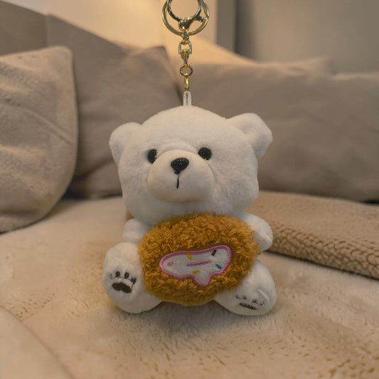 Cute White Teddy Donut Keychain | Plush Bag Charm