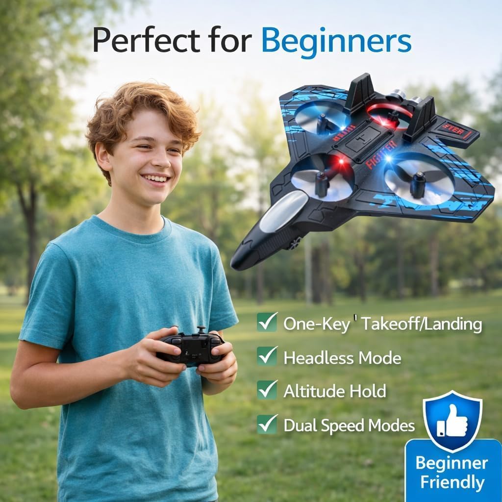 Fighter RC Drone for Kids with LED Lights, 360° Flips & One-Key Control
