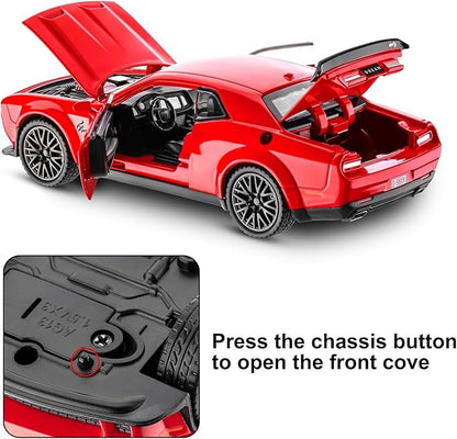 1:24 Scale Exclusive Alloy Metal Pull Back Die-cast Car Model with Sound Light Mini Auto Toy for Kids Metal Model Toy Car with Sound and Light? (1.24 Dodge Challenger-RED)