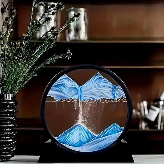 3D Dynamic Moving Sand Art Picture, Liquid Motion Sand Painting in Round Glass Frame (Blue)