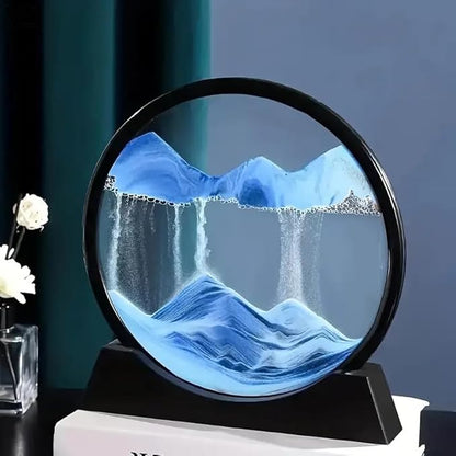 3D Dynamic Moving Sand Art Picture, Liquid Motion Sand Painting in Round Glass Frame (Blue)