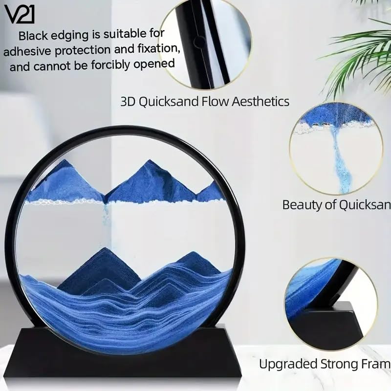 3D Dynamic Moving Sand Art Picture, Liquid Motion Sand Painting in Round Glass Frame (Blue)