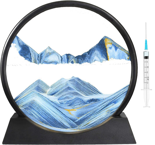 3D Dynamic Moving Sand Art Picture, Liquid Motion Sand Painting in Round Glass Frame (Blue)