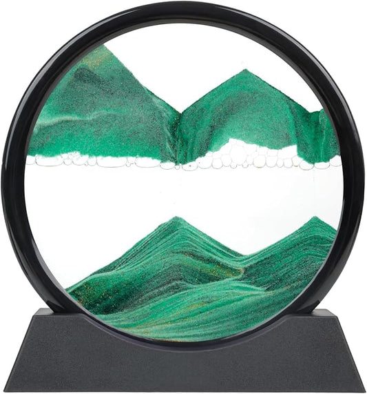 3D Dynamic Moving Sand Art Picture, Liquid Motion Sand Painting in Round Glass Frame (Green)