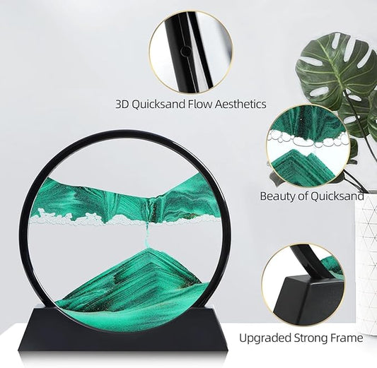 3D Dynamic Moving Sand Art Picture, Liquid Motion Sand Painting in Round Glass Frame (Green)