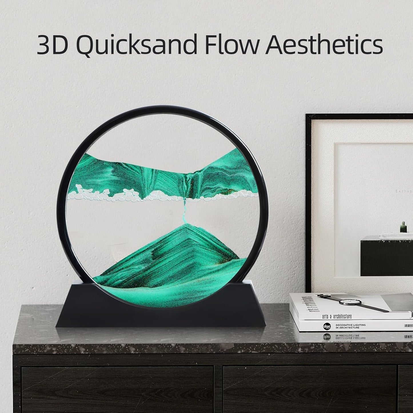 3D Dynamic Moving Sand Art Picture, Liquid Motion Sand Painting in Round Glass Frame (Green)