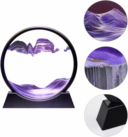 3D Dynamic Moving Sand Art Picture, Liquid Motion Sand Painting in Round Glass Frame (Purple)