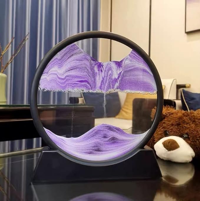3D Dynamic Moving Sand Art Picture, Liquid Motion Sand Painting in Round Glass Frame (Purple)