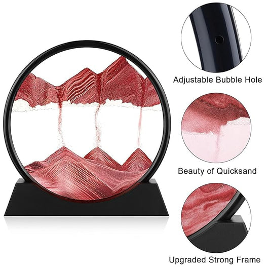 3D Dynamic Moving Sand Art Picture, Liquid Motion Sand Painting in Round Glass Frame Big (Red)