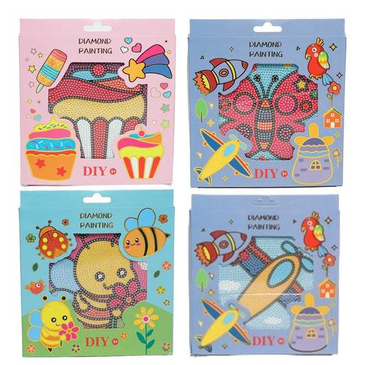 Kids DIY Diamond Painting Kit, 1-Pack Cute Designs, Ages 3+, Includes Cupcake, Butterfly, Bee, Airplane Patterns. (Assorted colors)