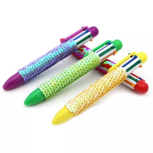 6-in-1 Multicolor Sequin Ballpoint Pens – Pack of 4 (0.5mm, Assorted Colors)