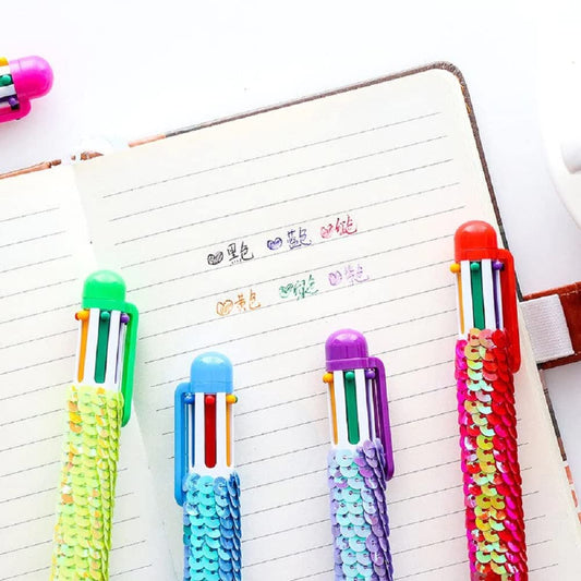 6-in-1 Multicolor Sequin Ballpoint Pens – Pack of 4 (0.5mm, Assorted Colors)