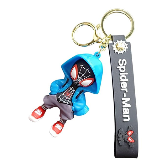 Cartoon Superhero Keychain with Character Figurine, Blue Hoodie Design, Decorative Tag