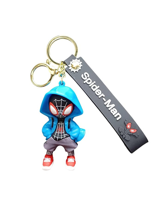 Cartoon Superhero Keychain with Character Figurine, Blue Hoodie Design, Decorative Tag