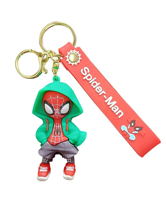 Cartoon Super hero Keychain with Green Hoodie and Red Tag, Decorative Character Key Ring