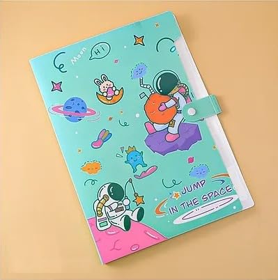 Astronaut Space Theme File Folder with 6 Pockets & Button Lock | Certificates Holder, Documents File, Documents Organizer | Office & School Supplies (Green)