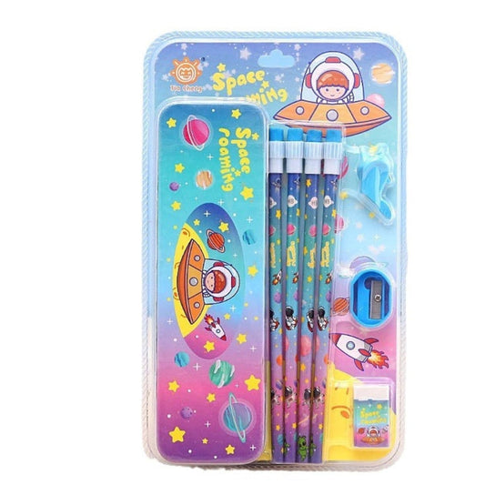 Stationery Giftset with 6 Pencils, 1 Metal Pencil Box, 1 Sharpener, 1 Rocket Eraser, Galaxy Themed Stationary Combo Sets for Kids - Blue