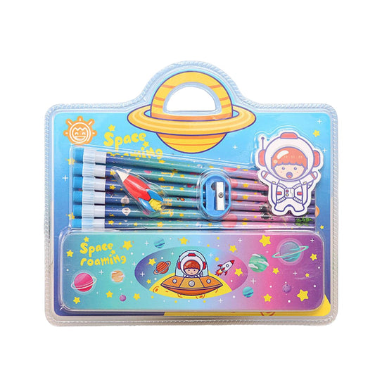Stationery Giftset with 6 Pencils, 1 Metal Pencil Box, 1 Sharpener, 1 Rocket Eraser, Galaxy Themed Stationary Combo Sets for Kids - Blue