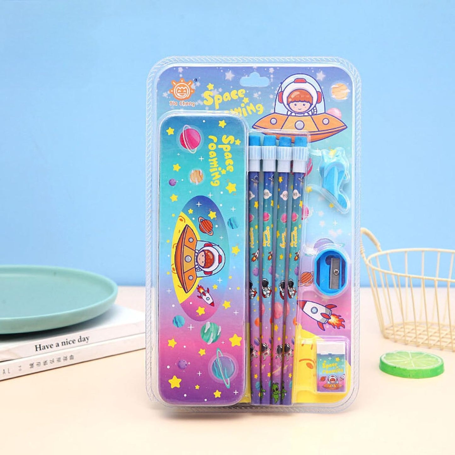 Stationery Giftset with 6 Pencils, 1 Metal Pencil Box, 1 Sharpener, 1 Rocket Eraser, Galaxy Themed Stationary Combo Sets for Kids - Blue