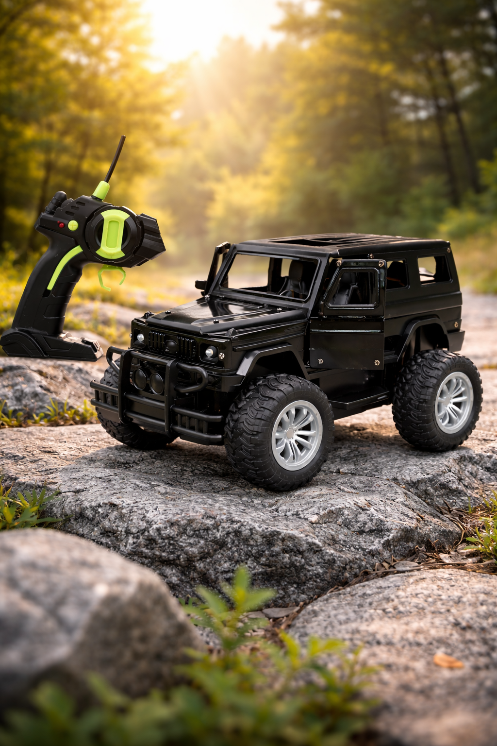 Remote Control Off-Road Jeep Car – RC SUV Toy with Lights & Open Doors (Rechargeable) - Black