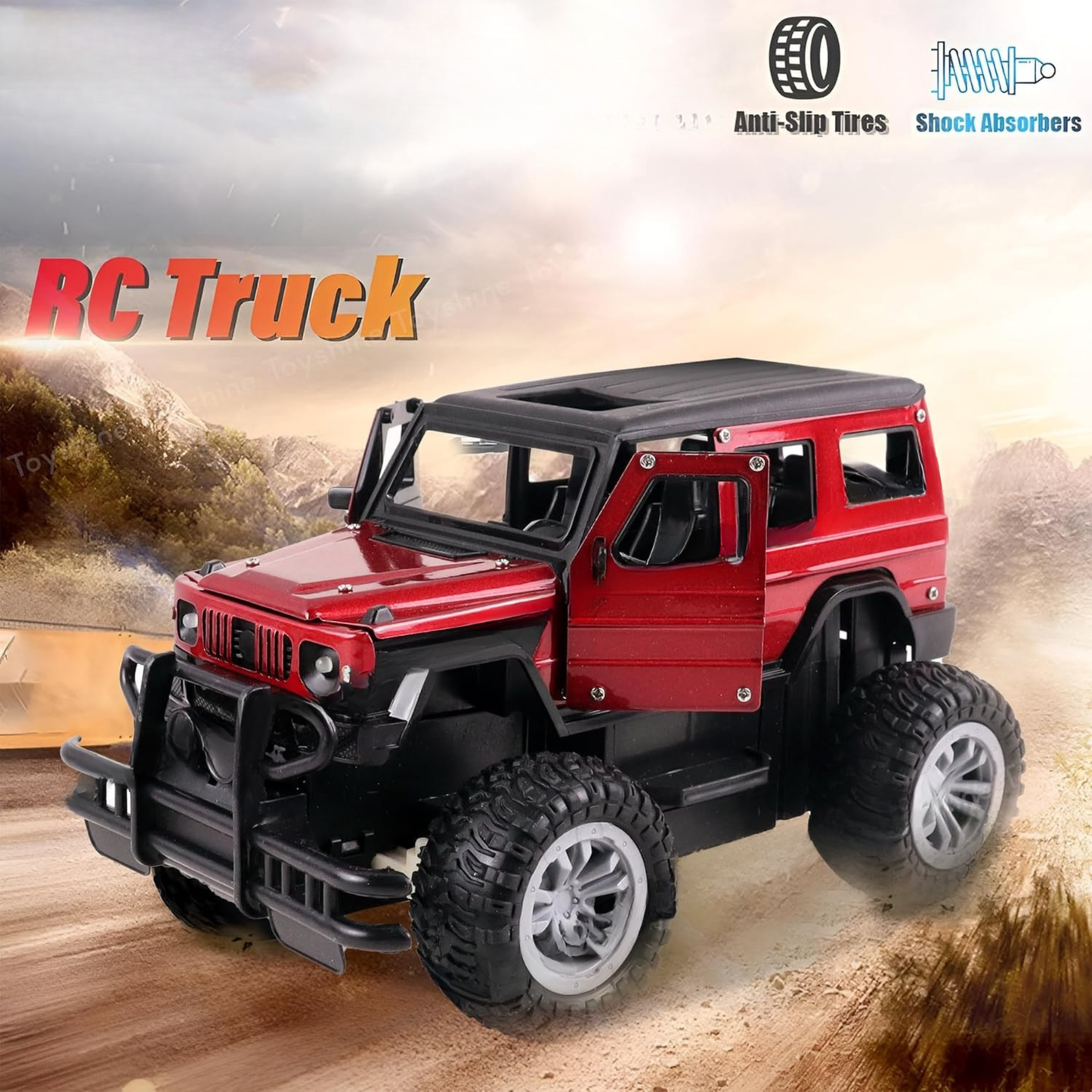 Remote Control Off-Road Jeep Car – RC SUV Toy with Lights & Open Doors (Rechargeable) - Red