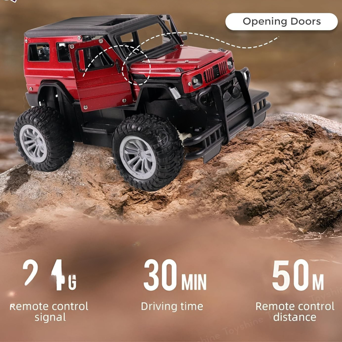 Remote Control Off-Road Jeep Car – RC SUV Toy with Lights & Open Doors (Rechargeable) - Red