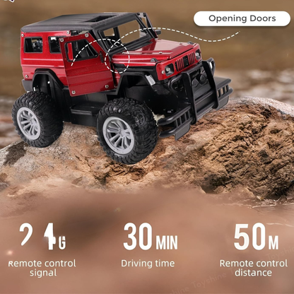 Remote Control Off-Road Jeep Car – RC SUV Toy with Lights & Open Doors (Rechargeable) - Red