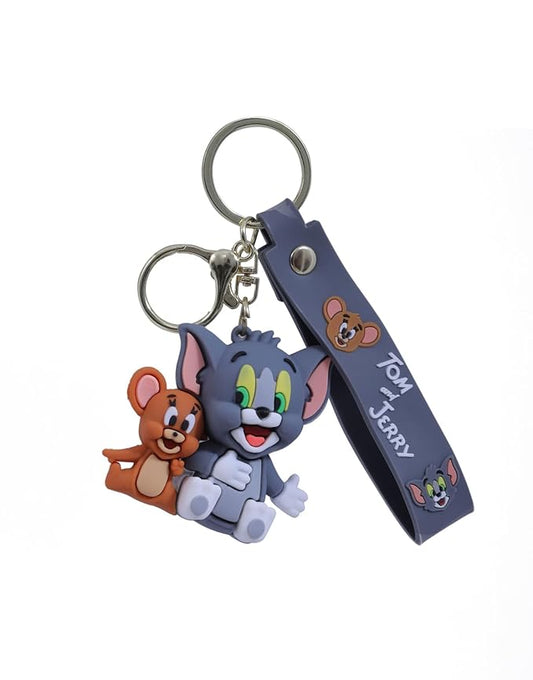 TOM & JERRY Silicon Cute 3D Rubber PVC Cartoon keychain with Strap Charm & Metal Hook,Silica Gel Key Ring Best Gift For Women, Men, Girls and Boy | School Bag car bike Fashion