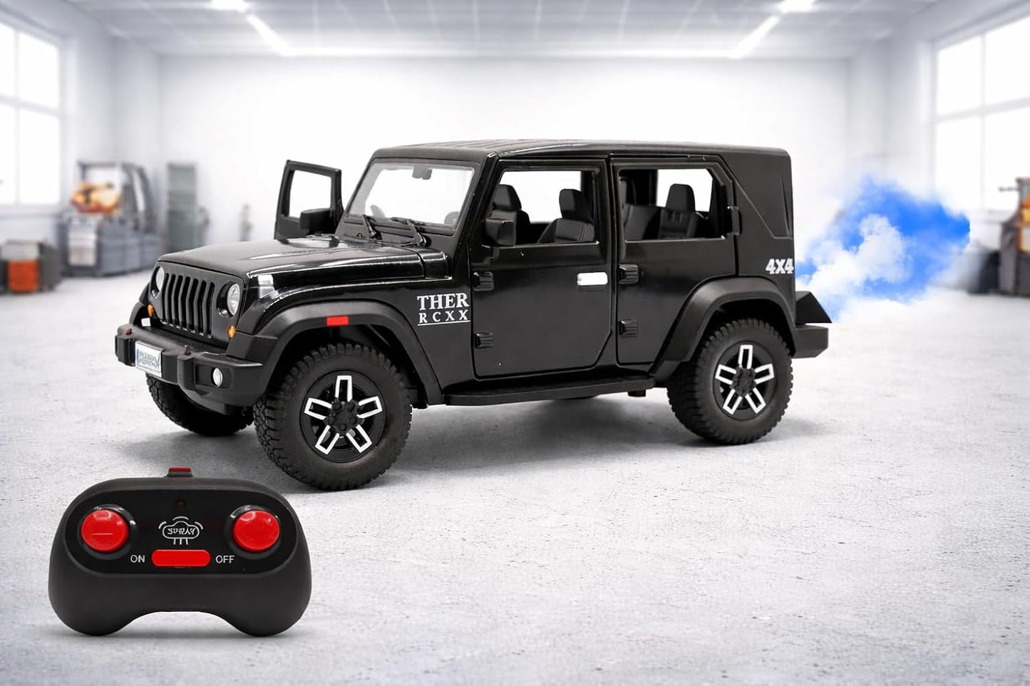Remote Control Thar Die Cast (1.22) with Spray Smoke – Open Door RC Jeep Toy (Rechargeable)