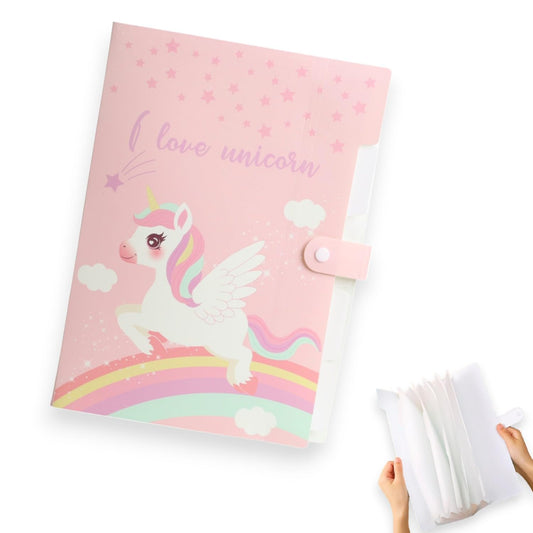 1 Pc Cute Unicorn Theme 6 Pocket Extending File Folder Cartoon Style Snap Button Closure Organizer Bag Waterproof A4 Size Paper Sorting Storage Certificates Holder School Supplies for Kids Gift