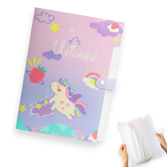 1 Pc Cute Unicorn Theme 6 Pocket Extending File Folder Cartoon Style Snap Button Closure Organizer Bag Waterproof A4 Size Paper Sorting Storage Certificates Holder