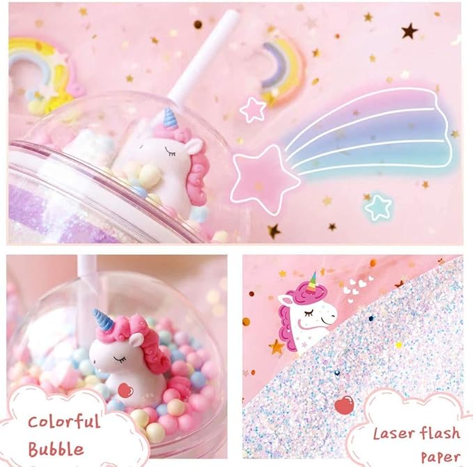 Tumbler Cups with Lid and Straw - Insulated Unicorn Reusable Plastic Sipper with Silicone Seal Double Wall Travel Iced Coffee Mug for Kids & Adult- Pink