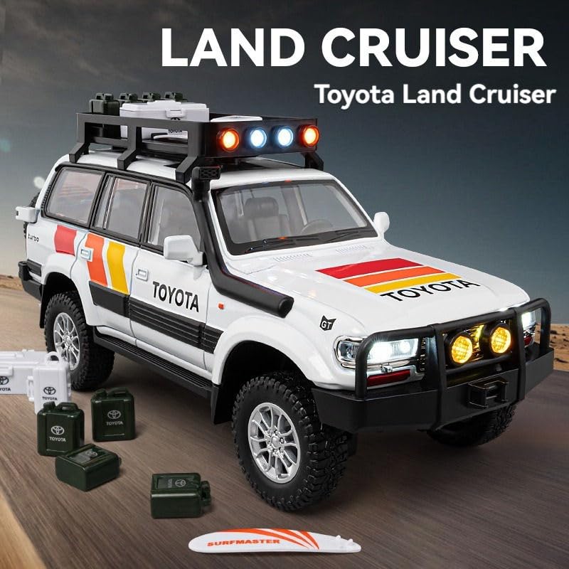 Toyota Land Cruiser LC80 1:24 Diecast Metal Car - Openable Doors, Sound&Light, Pull Back Action,Collectible Toy Car for Kids - Durable & Realistic Model Collectors White
