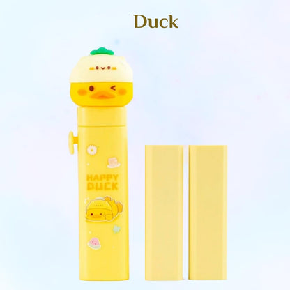 Duck Theme Push Pull Pencil Eraser for Girls and Boys, Fancy Erasers for Kids, Cute Retractable Erasers with Protective Cases, Stationery Set (Pack of 1)
