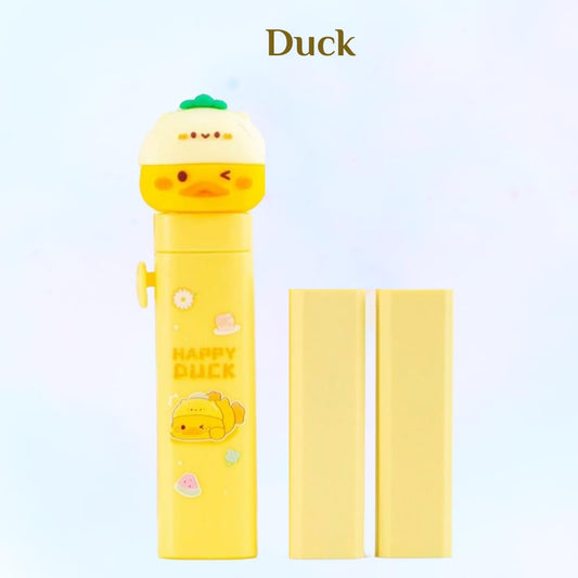 Duck Theme Push Pull Pencil Eraser for Girls and Boys, Fancy Erasers for Kids, Cute Retractable Erasers with Protective Cases, Stationery Set (Pack of 1)