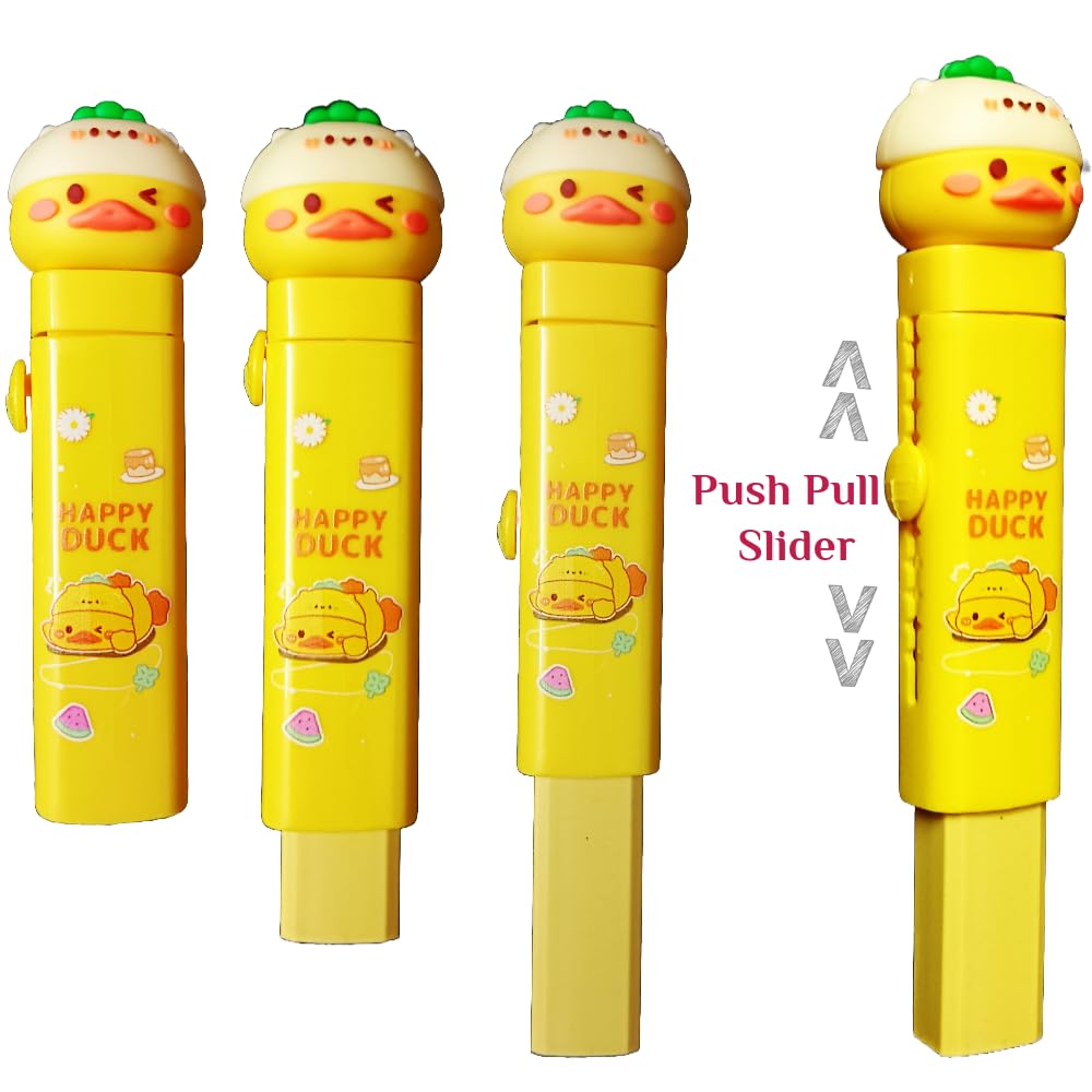 Duck Theme Push Pull Pencil Eraser for Girls and Boys, Fancy Erasers for Kids, Cute Retractable Erasers with Protective Cases, Stationery Set (Pack of 1)