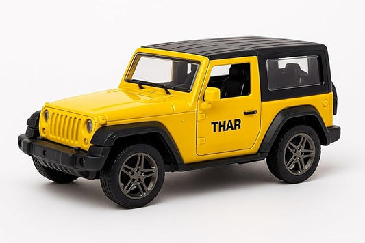 1:36 Scale Thar Toy Car – Die-Cast Alloy Model SUV with Pullback Action, Lights & Music, Openable Doors – Collectible Jeep Toy (Yellow)