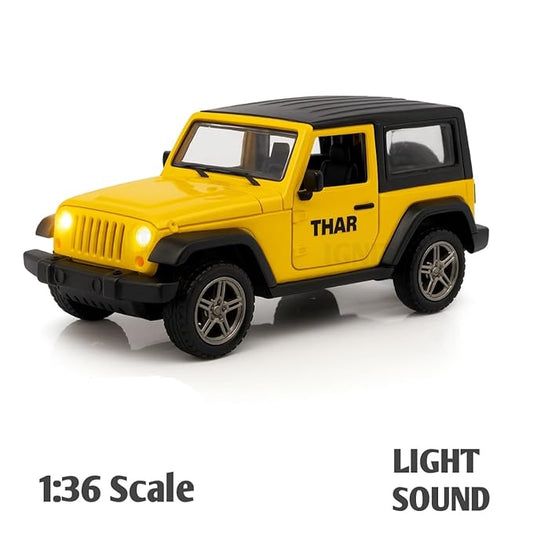 1:36 Scale Thar Toy Car – Die-Cast Alloy Model SUV with Pullback Action, Lights & Music, Openable Doors – Collectible Jeep Toy (Yellow)