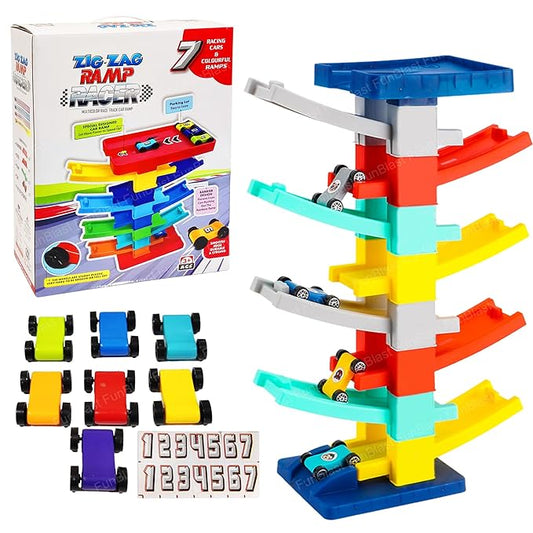 Zig Zag Gliding Car Track - 9 Levels, 7 Pcs Random Color Racer Cars for Kids