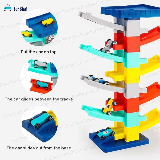 Zig Zag Gliding Car Track - 9 Levels, 7 Pcs Random Color Racer Cars for Kids