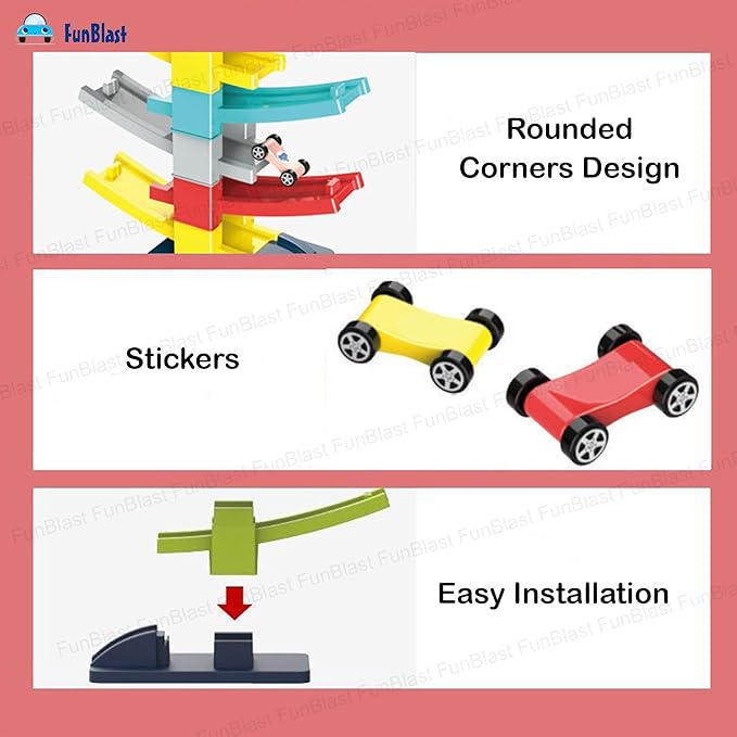 Zig Zag Gliding Car Track - 9 Levels, 7 Pcs Random Color Racer Cars for Kids