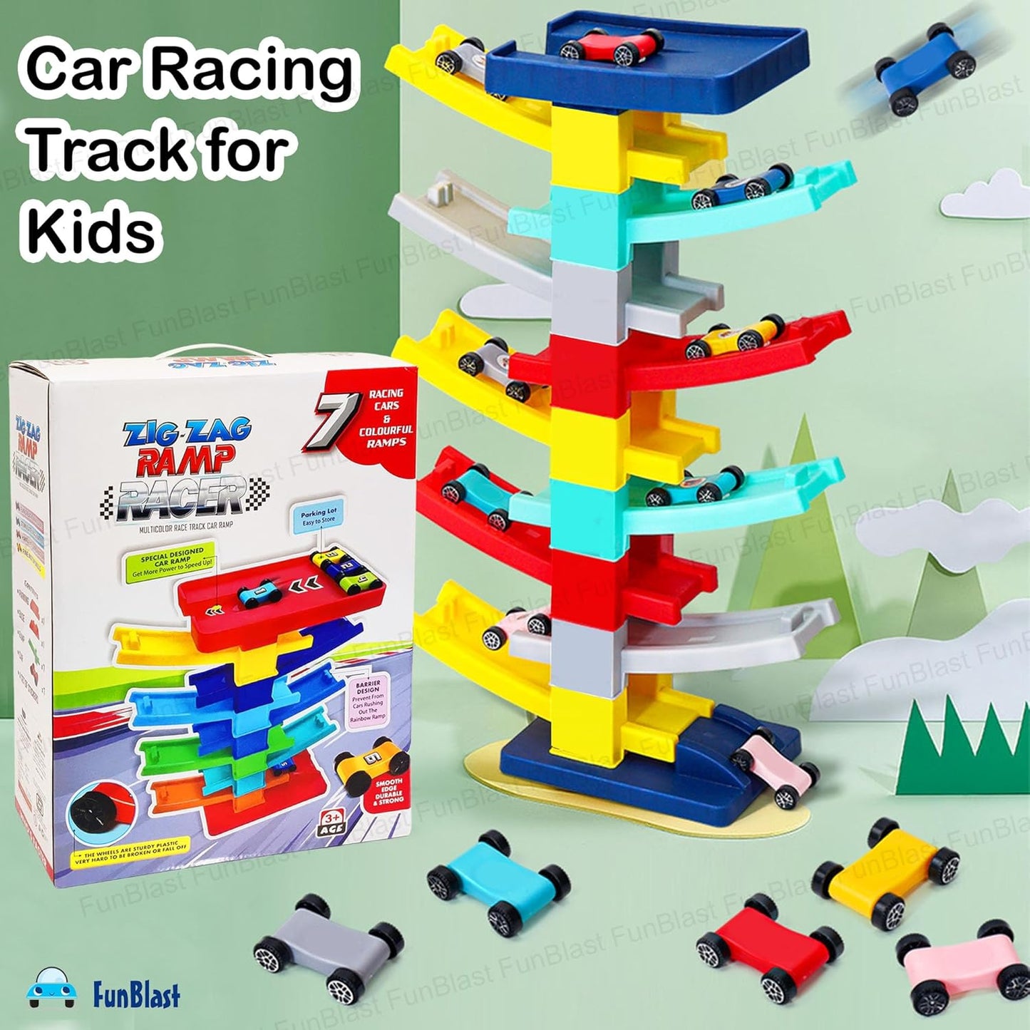 Zig Zag Gliding Car Track - 9 Levels, 7 Pcs Random Color Racer Cars for Kids