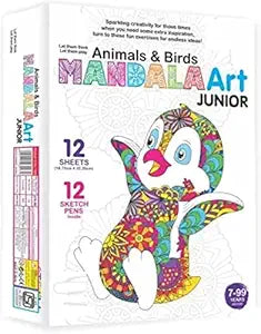 Animals & Bird Mandala Art Junior Coloring Kit (12 Sheets & 12 Sketch Pens, Multicolor